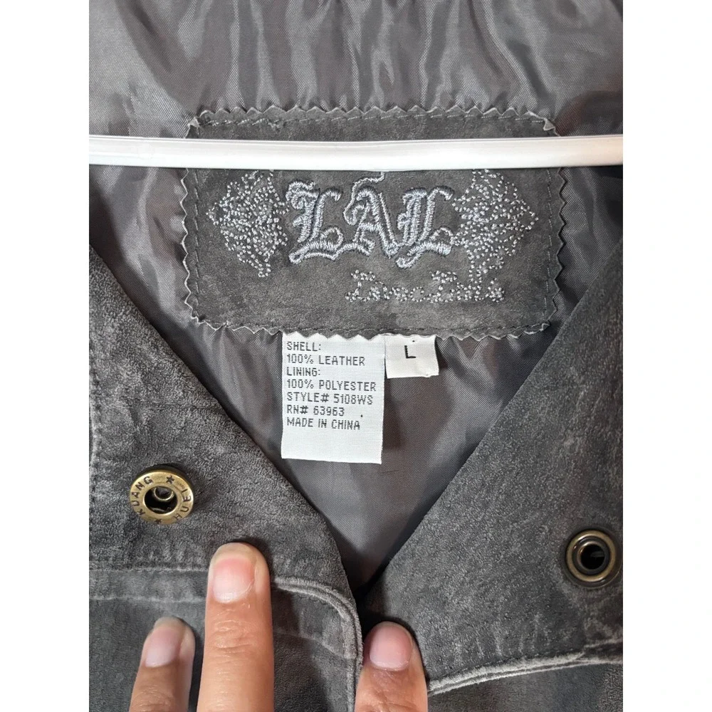 LAL Gray Suede Leather Jacket Womens Large Cropped 3/4 Sleeve Snap Front 5106WS - Picture 2 of 4